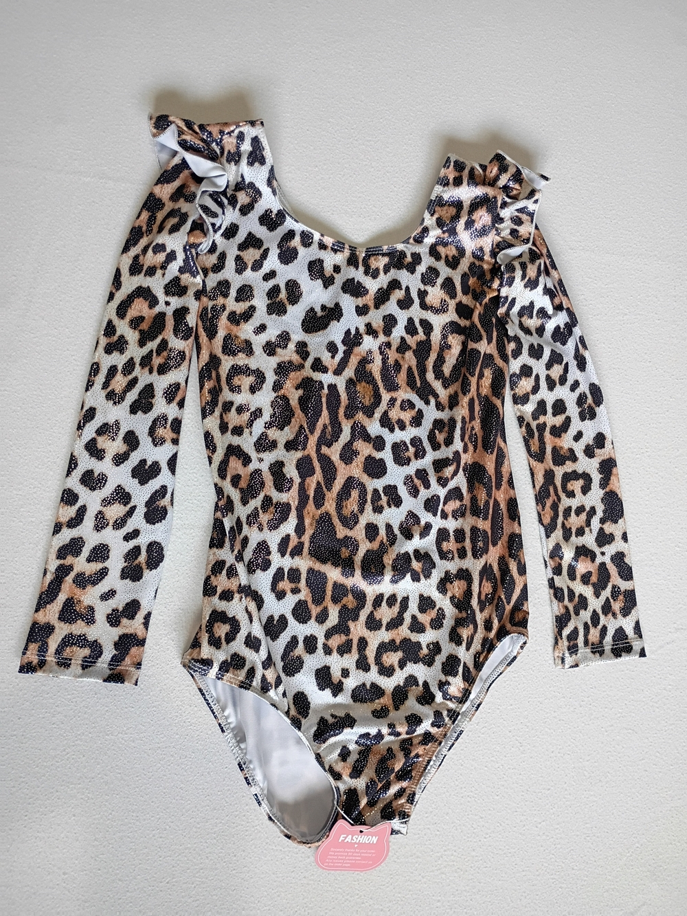 Kids Long-Sleeve Leopard Print Leotard One-Piece Bodysuit - Size 150 (10/12)